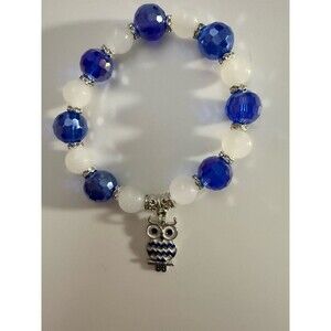 Blue Faceted Bead Stretch Bracelet with White Gemstone Beads & Silver Owl Charm